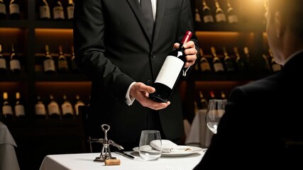 Elegant Formal Dining Experience with Waiter Presenting a Bottle of Red Wine at a Restaurant