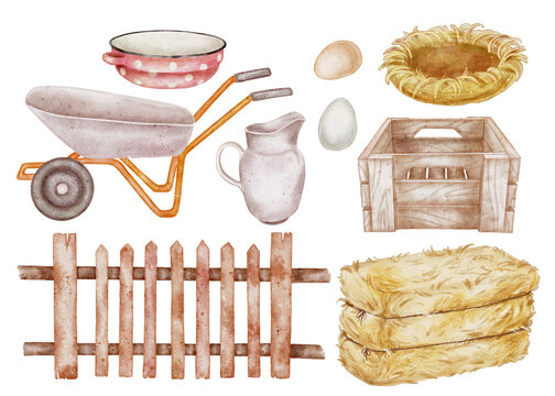 Watercolor illustration set rustic farm elements: hay bales crate fence eggs nest pitcher enamel bowl and wheelbarrow in soft earthy tones. for packaging, textiles childrens books and eco branding.