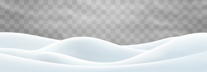 Vector snowdrifts isolated on png background. Snow landscape decoration, frozen hills. Empty snowbanks field. Christmas vector illustration. Transparent background.