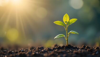 Young Green Plant Growing in Soil with Morning Sunlight
