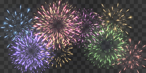 Festive fireworks with brightly shining sparks. New Year's Eve fireworks. Realistic sparks and explosions. Colorful pyrotechnics show. Vector isolated on png background.