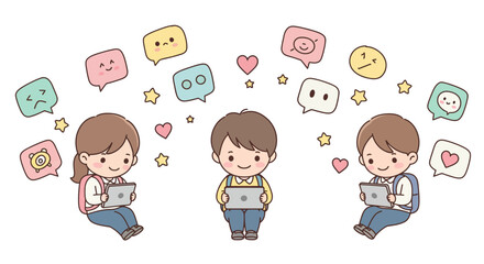 Cute children using laptops with chat bubbles and emoji