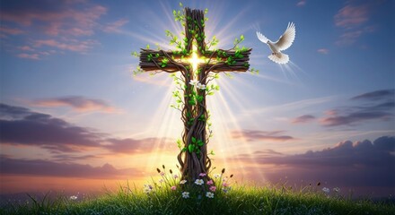 a divine cross glowing with spiritual energy, surrounded by a lush green meadow, with a dramatic sky of vibrant colors at sunset, a single dove soaring overhead, 8K, ethereal, mystical, cinematic
