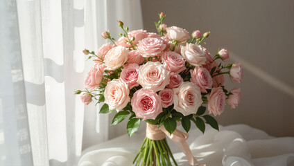 Obraz premium Pink Rose Bouquet in Vase by Window Light