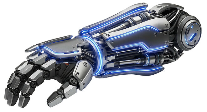 Futuristic Robotic Arm with Glowing Blue Lights Isolated.
