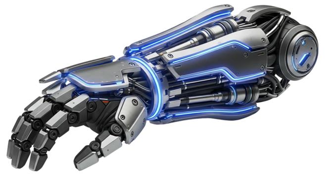 Futuristic Robotic Arm with Glowing Blue Lights Isolated.