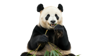 Giant Panda Enjoying Bamboo Meal on White Background.