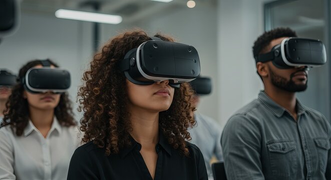 Diverse team experiences immersive virtual reality training in modern conference room