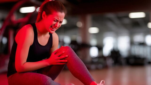 Young woman in athletic leggings experiencing knee pain on gym floor, highlighting sports injury or need for physical therapy.