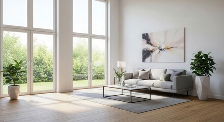 interior, minimalist living room, large windows, natural light, wooden floors, potted plants, modern furniture, abstract art on the wall, scandinavian design, 4k, photorealistic
