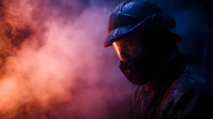 Obraz premium Industrial worker in protective gear enveloped in dramatic red and blue smoke