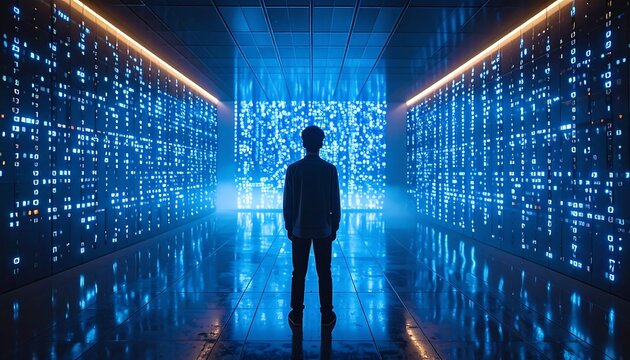 Futuristic server room with a person