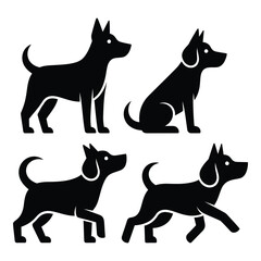 Four silhouette dog poses showcasing canine companionship and animal diversity in black and white silhouette