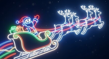 Santa's sleigh glows with neon charm, pulled by reindeer under a starry night, spreading holiday cheer and festive magic for Christmas celebrations and winter wonderlands