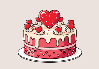 Valentine's Day Heart Decorated Cake Illustration - A Sweet Treat for Celebrations and Romantic Occasions