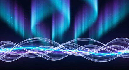 Dynamic Digital Spectrum: Luminous Wavy Network and Vertical Light Pillars on a Deep Backdrop, Illustrating Energy Flow or Data Transfer for Technological Concepts