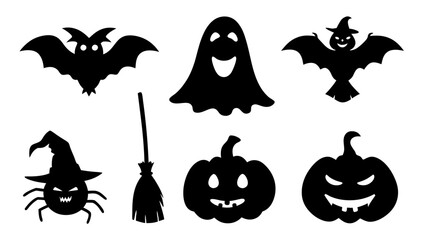 Set of Halloween silhouette collection elements on tranparent background