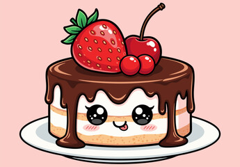 Kawaii Chocolate Cake Decorating with Fresh Strawberry and Cherry Topping Illustration - Adorable Dessert Treat