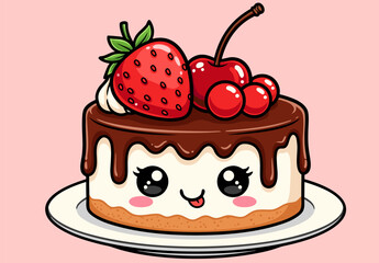 Kawaii Cake Decorating with Delicious Strawberries and Cherries, Adorable Dessert Illustration on a Plate
