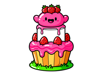 Cute Strawberry Cake Decorating Illustration Adorable Dessert Artwork with Sweet Toppings