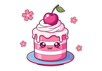 Kawaii Pink Cherry Cake Decorating Design with Flowers and White Icing - Cute Anime Style Pastry Artwork