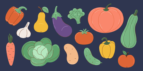 Set of autumn vegetables in flat style with partial outline. Collection on a dark background. Autumn and harvest concept. Vector illustration.