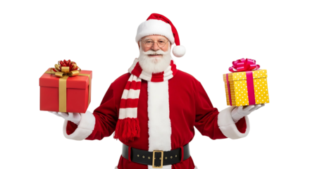 Happy Santa Claus holding two wrapped Christmas presents.