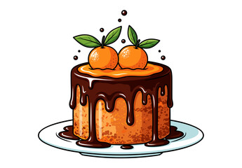 Delicious Orange Cake Decorating Idea with Chocolate Drizzle and Fresh Green Leaves - Vector Illustration