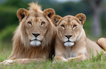 Obraz premium two male lions in green grass, one standing and the other lying down.