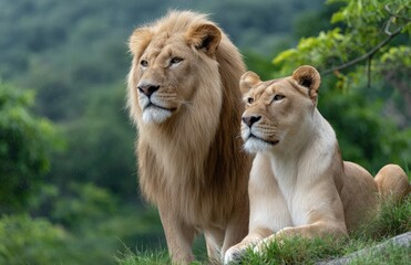 Fototapeta premium two male lions in green grass, one standing and the other lying down.