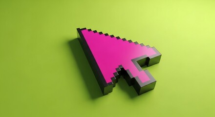 A 3D Rendered Pink Pixelated Computer Mouse Cursor Arrow Pointing Forward on a Vibrant Green Background Creating a Digital Interface Selection Concept