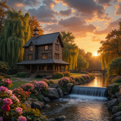 아름다운 하천과 정원이 잘 가꾸어진 3층 오두막 저택