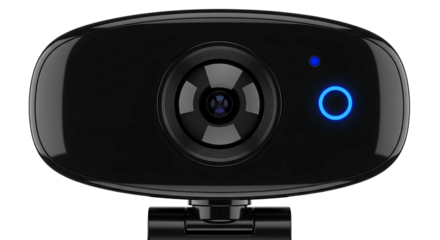 HighQuality Black Webcam with Blue Indicator Light on White Background.