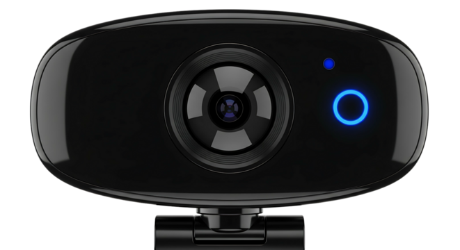 HighQuality Black Webcam with Blue Indicator Light on White Background.