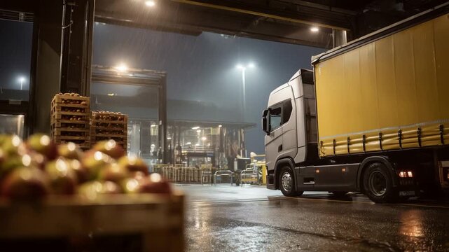 A bustling warehouse loading bay where a truck packed with apple crates is sealed for export, blending industrial vibes with the freshness of fruit.