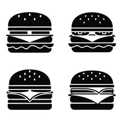 Four stylized hamburger icons showing different toppings and cheese layers silhouette