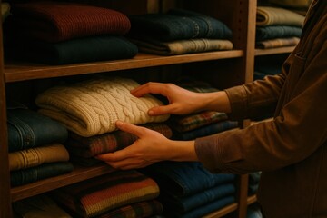 A shop staff&rsquo;s hands neatly arranging folded vintage clothes on shelves, focus on texture and detail, natural lighting, realistic lifestyle stock.