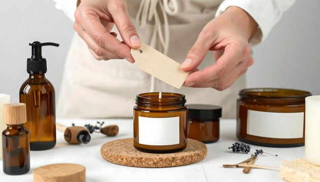 Hands attaching a tag to a candle - Powered by Adobe