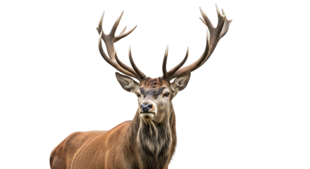 Majestic red deer stag with large antlers isolated on white.