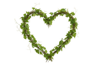 Heart shaped ivy vine wreath, green leaves, romantic decoration, nature inspired design, isolated on transparent background