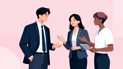 Three people in business attire having a discussion