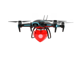 Drone carrying red heart, modern delivery drone, valentine's day, love, technology, aerial vehicle, remote control, quadcopter, isolated on transparent background