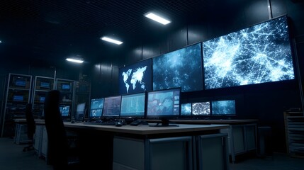 Modern control room with multiple screens displaying global data and abstract visualizations for monitoring ope ns