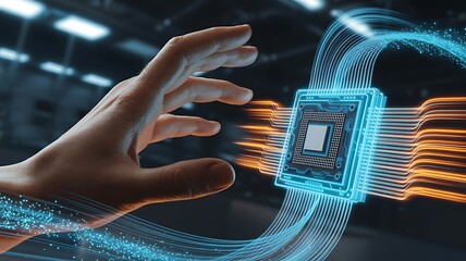 Future Technology Innovation Abstract Digital Circuitry Interacting With Human Hand Futuristic Data Flow, ai-generated