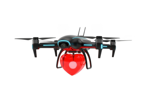 Drone carrying red heart, modern delivery drone, valentine's day, love, technology, aerial vehicle, remote control, quadcopter, isolated on transparent background - Powered by Adobe