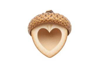 High-resolution acorn with heart shape cutout, nut, seed, nature, food, autumn, fall, symbol, love isolated on transparent background