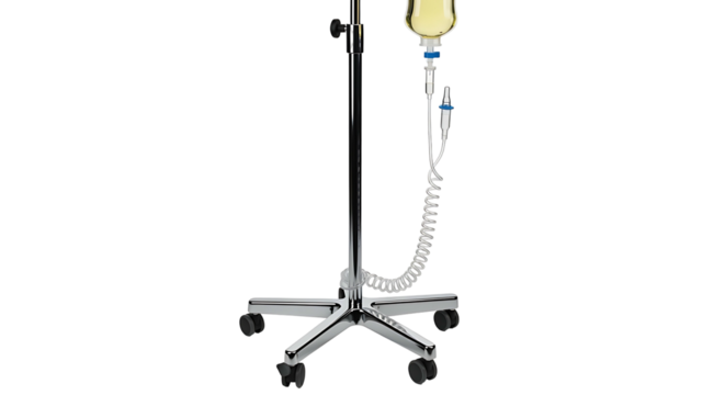 Medical IV Drip Stand with Yellow Solution Bag on White Background.