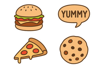 Set of fast food icons. Isolated vector objects. Hamburger, cheeseburger, pizza, cookie. Yummy sign concept. Cartoon drawing collection for menu. Delicious meal illustration.