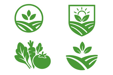 Agriculture logo set, farm icon collection. Organic food, natural product symbol. Healthy vegetable, plant sprout, green leaf emblem. Vegan, bio, eco fresh food label.