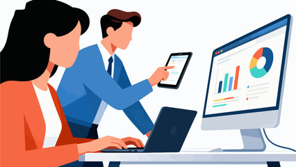 Business team working with data on screens